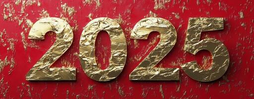 Gold 2025 numerals on a red background. New Year celebrations and festive events. promotional photo