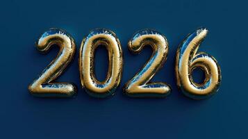 Gold foil balloons forming 2026 on blue background, perfect for New Year celebrations and events photo