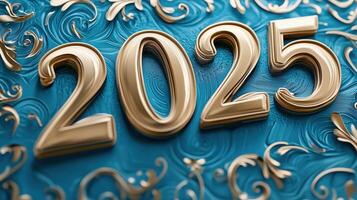 Golden numbers 2025 on elegant blue background with ornate patterns for celebration and invitations photo