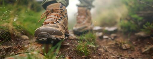 Close- up waterproof hiking boots trekking forest trail. Durability and protection for adventures photo
