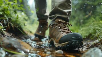 Close- up waterproof hiking boots trekking forest trail. Durability and protection for adventures photo