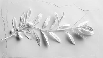 Delicate white olive branch with leaves and fruits on a white background, subtle matte texture. photo