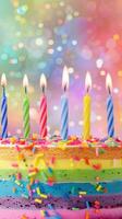 Colorful rainbow cake with lit candles, multicolored frosting, and sprinkles, festive celebration photo
