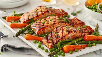 Grilled salmon with asparagus, peas, carrots, on a white platter. Healthy food. Restaurant menu photo
