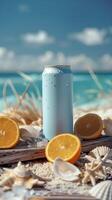 Refreshing blue can with ice, seashells, citrus, serene beach background. Summer beverage concept. photo