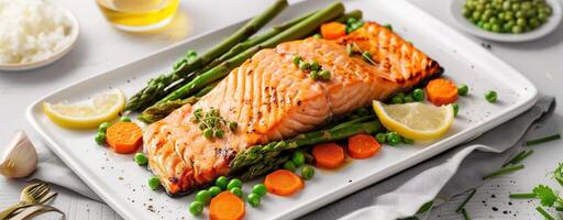 Grilled salmon with asparagus, peas, carrots, on a white platter. Healthy food. Restaurant menu photo