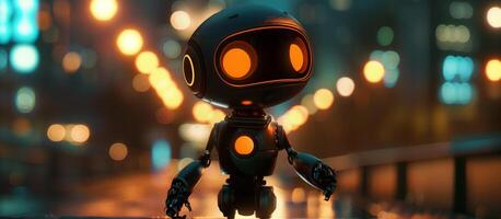 Futuristic robot standing on city street at night. cute humanoid robot in urban cityscape setting photo