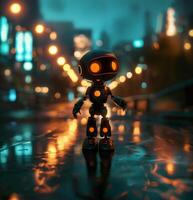 Futuristic robot standing on wet city street at night. cute humanoid robot in urban cityscape setting photo