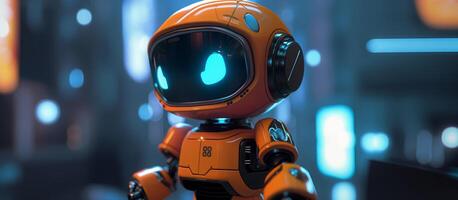 Cute orange robot with blue glowing eyes. small angry humanoid robot. artificial intelligence concept photo