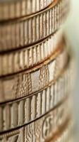 Close-up of coin edge. serrations and detailed texture pattern of golden coins in macro view photo