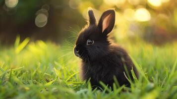Cute black bunny sitting in grass with ears up looking away in soft sunlight on a grassy field photo
