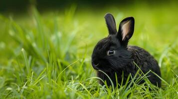 Cute black bunny sitting in grass with ears up looking away in soft sunlight on a grassy field photo