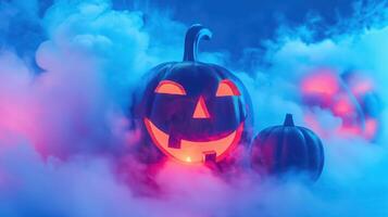 Glowing jack-o-lanterns in eerie fog creating a spooky Halloween atmosphere with colorful light photo