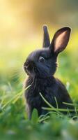 Cute black bunny sitting in grass with ears up looking away in soft sunlight on a grassy field photo