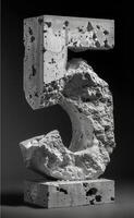 Large textured white concrete 5 sculpture with a rough surface standing alone, 3D rendering photo