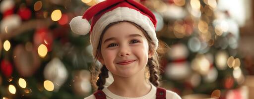 Smiling child in Santa hat with Christmas tree background. festive holiday atmosphere and joy photo