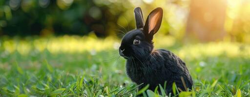 Cute black bunny sitting in grass with ears up looking away in soft sunlight on a grassy field photo