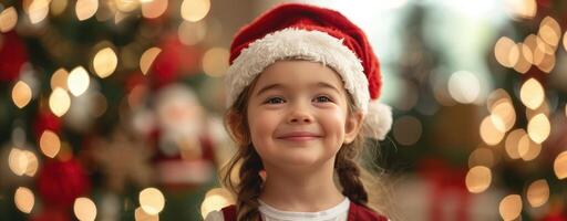 Smiling child in Santa hat with Christmas tree background. festive holiday atmosphere and joy photo