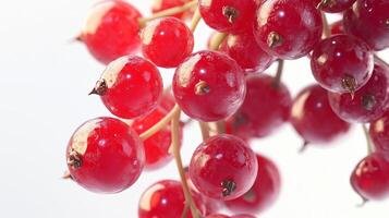A detailed and realistic close up of fresh, succulent red currants set against a pure white backdrop photo