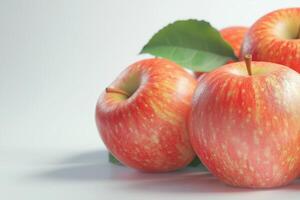 A dynamic 3D of fresh, juicy apples, shown in close up against a stark white background. The photo