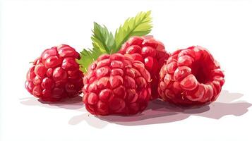 An artistic, flat style illustration of juicy raspberries on a bright white background. The photo