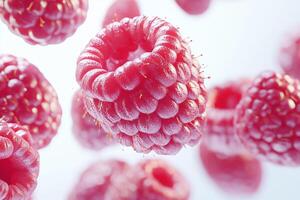 A dynamic 3D of fresh, juicy raspberries, shown in close up against a stark white background. The photo