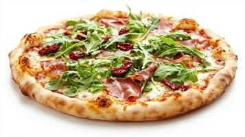 A detailed, realistic close up of a pizza on a pristine, bright white background. The pizza photo