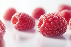 vibrant, juicy raspberries on a clean, bright white background. The focus is on the rich red color photo