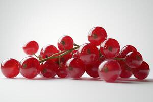 A dynamic 3D of fresh, juicy red currants, shown in close up against a stark white background. The photo