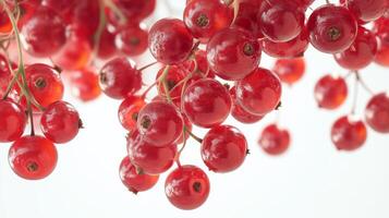 succulent red currants on a bright white background. The image focuses on the detailed and realistic photo