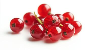succulent red currants on a bright white background. The image focuses on the detailed and realistic photo