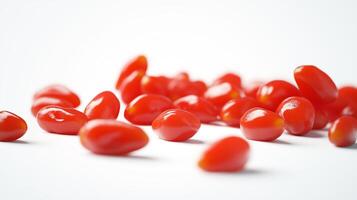 A detailed and realistic close up of fresh, succulent goji berries set against a pure white backdrop photo