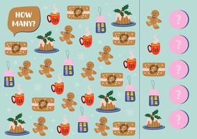 Educational game for children. I spy game. Find and count different objects. Christmas counting activity game for kids. vector
