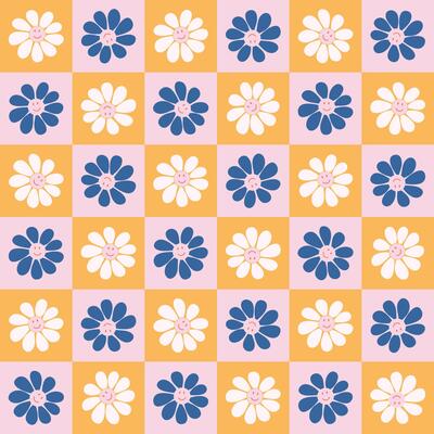 Retro geometric seamless pattern. Vintage checkered floral background. Cool funky smiling flowers. Hand drawn naive art illustration.