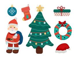 Flat style set with Santa Claus and basic Christmas elements Christmas tree with toys, socks, gift, festive wreath, toys and more. Multicolored holiday icons vector