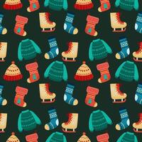 Seamless pattern with winter or New Year clothes on a green background. Skates, sweater, socks, hat. Modern design for your projects vector