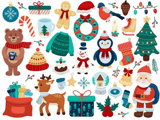 A large set or collection in flat style on the theme of Christmas and New Year, elements for cute decoration of your projects and designs. Santa Claus, heroes, animals and other elements.