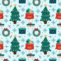 Seamless pattern New Year background with Christmas symbols. New Year tree, gifts, wreath, snowflakes. Flat style vector