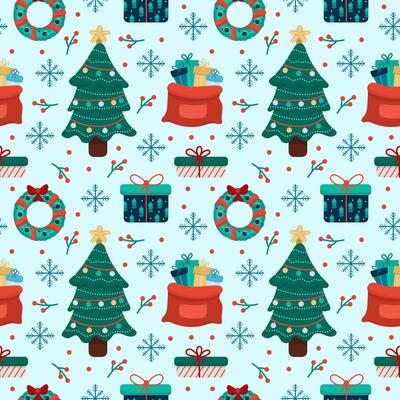 Seamless pattern New Year background with Christmas symbols. New Year tree, gifts, wreath, snowflakes. Flat style