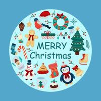 New Year and Christmas card in flat style modern with elements in the form of a circle and an inscription vector
