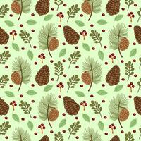 Seamless pattern green with pine branch and brown cone plant on white background vector
