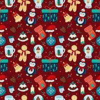 Seamless bright design with different Christmas elements on red background. Cute children's pattern or background vector