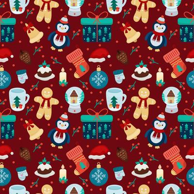 Seamless bright design with different Christmas elements on red background. Cute children's pattern or background
