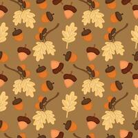 Seamless pattern or wallpaper with acorn branch on brown background. Autumn theme branch and nut acorn vector