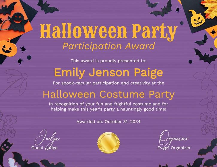 Halloween Party Participation Award for Children Certificate