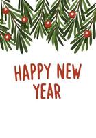 A white background with a green tree with red berries and a red and white Happy New Year sign vector