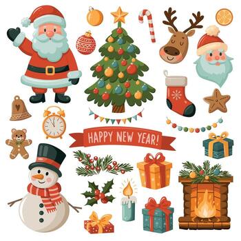 colección de Navidad decoraciones incluso árbol, reno, Papa Noel claus y pan de jengibre hombre. acortar Arte en blanco antecedentes vector