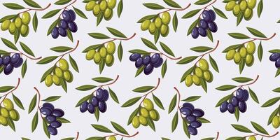 Seamless pattern with branches of green and black olives on a light background. vector