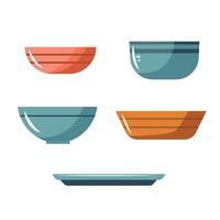 Set of bowls of different colors and sizes. on the right. All bowls of different colors and sizes. vector