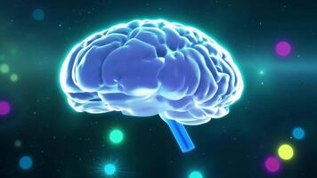 Digital brain glowing colorful human AI 3D virtual thinking modern lab research imagination creativity skill technology intelligence idea innovation concept mind office business tech video
